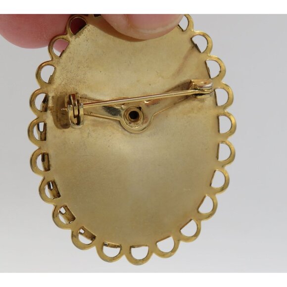 Vintage Floral Transfer Print Brooch 1.5" Black Gold Tone Scalloped Edge Pin - Picture 9 of 9